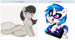 Size: 516x276 | Tagged: safe, dj pon-3, octavia melody, vinyl scratch, earth pony, pony, derpibooru, exploitable meme, female, juxtaposition, juxtaposition win, lesbian, meme, meta, scratchtavia, shipping