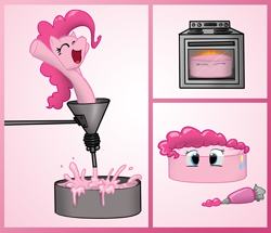 Size: 1200x1030 | Tagged: safe, artist:redflare500, pinkie pie, earth pony, pony, baking, cake, cakie pie, female, food, food transformation, frosting, grimcute, inanimate tf, mare, solo, transformation