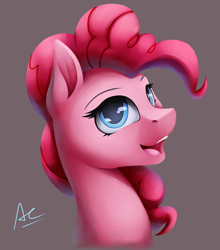 Size: 1024x1161 | Tagged: safe, artist:ac-whiteraven, pinkie pie, earth pony, pony, colored pupils, female, looking at you, mare, open mouth, signature, simple background, smiling, solo