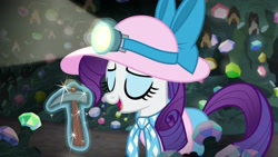 Size: 1920x1080 | Tagged: safe, screencap, rarity, pony, unicorn, dragon dropped, ascot tie, eyes closed, female, feminism, gem cave, glowing horn, hat, headlamp, horn, levitation, magic, mare, pickaxe, solo, telekinesis