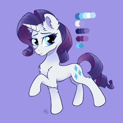 Size: 2000x2000 | Tagged: safe, artist:brownbush, rarity, pony, unicorn, chest fluff, cutie mark, ear fluff, female, looking at you, mare, purple background, raised hoof, reference sheet, simple background, smiling, solo