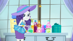 Size: 1920x1080 | Tagged: safe, screencap, rarity, camping must-haves, equestria girls, equestria girls series, spoiler:eqg series (season 2), beautiful, bracelet, cosmetics, cute, dresser, female, geode of shielding, hat, jewelry, looking at you, lotion, magical geodes, pencil skirt, perfume, raribetes, rarity's bedroom, smiling, window