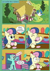 Size: 2480x3508 | Tagged: safe, artist:theponypretender, bon bon, lyra heartstrings, sweetie drops, bird, comic:a lyrabon adventure, apple, comic, food, house, scared, spit take, tea