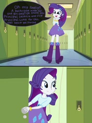 Size: 2048x2732 | Tagged: safe, artist:justsomepainter11, rarity, comic:rarity's rest problem, equestria girls, boots, bracelet, clothes, comic, dialogue, jewelry, lockers, shoes, skirt, solo