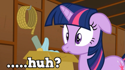 Size: 595x335 | Tagged: safe, derpibooru import, screencap, twilight sparkle, box, confused, floppy ears, frown, huh, image macro, meme, solo, wide eyes