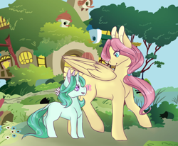 Size: 1024x843 | Tagged: safe, artist:uniquecolorchaos, fluttershy, oc, oc:flora ivy, pegasus, pony, unicorn, adopted offspring, female, filly, fluttershy's cottage, mother and child, mother and daughter, offspring, parent and child, parent:braeburn, parent:fluttershy, parents:braeshy