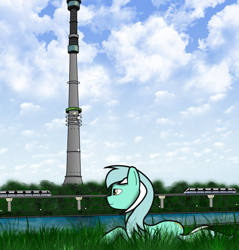 Size: 5724x6000 | Tagged: safe, artist:subway777, lyra heartstrings, pony, unicorn, absurd resolution, grass, monorail, moscow, ostankino tower, pond, prone, railroad, russia, smiling, solo, tower, train