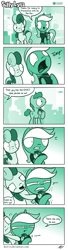 Size: 635x2348 | Tagged: safe, artist:dori-to, bon bon, lyra heartstrings, sweetie drops, earth pony, pony, unicorn, comic:silly lyra, angry, clothes, comic, convention, female, gradient background, greenscale, mare, monochrome, plushie, saddle bag, shirt, silly lyra, there can be only one