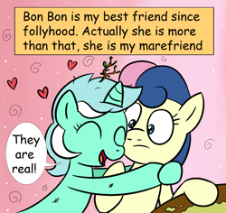 Size: 626x590 | Tagged: safe, artist:theponypretender, bon bon, lyra heartstrings, sweetie drops, cropped, female, lesbian, lyrabon, misspelling, shipping