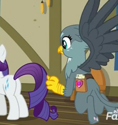 Size: 468x496 | Tagged: safe, edit, edited screencap, screencap, gabby, rarity, griffon, pony, unicorn, dragon dropped, butt, cropped, duo, eyes on the prize, female, flying, mare, out of context, plot, saddle bag