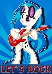 Size: 3508x4961 | Tagged: safe, artist:krlmisha, artist:supermatt314, dj pon-3, vinyl scratch, pony, unicorn, bipedal, electric guitar, grin, guitar, smiling, solo