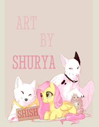 Size: 938x1209 | Tagged: safe, artist:apple_nettle, fluttershy, dog, pegasus, pony, rabbit, blushing, heart eyes, wingding eyes