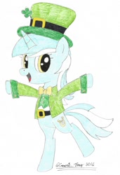 Size: 739x1080 | Tagged: safe, artist:bobbyjoedudley, artist:genericpony, lyra heartstrings, pony, unicorn, bipedal, bowtie, clothes, clover, female, four leaf clover, hat, leprechaun, looking at you, mare, open mouth, saint patrick's day, simple background, smiling, solo, top hat, traditional art, white background