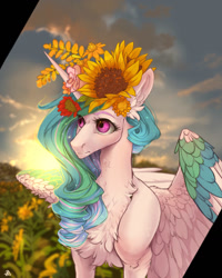 Size: 1024x1280 | Tagged: safe, artist:rossignolet, princess celestia, alicorn, pony, chest fluff, female, floral head wreath, flower, flower in hair, mare, solo, sunflower