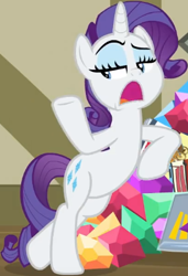 Size: 292x427 | Tagged: safe, screencap, rarity, pony, unicorn, dragon dropped, bipedal, bipedal leaning, cropped, female, leaning, lidded eyes, mare, open mouth, raised eyebrow, raised hoof, raribetes, solo, standing