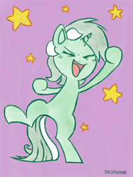 Size: 2000x2657 | Tagged: safe, artist:dkoshino, lyra heartstrings, pony, unicorn, bipedal, eyes closed, female, open mouth, smiling, solo, standing, standing on one leg, stars