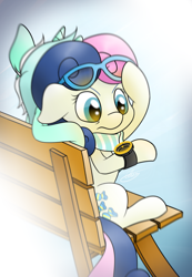 Size: 1561x2259 | Tagged: safe, artist:ethaes, bon bon, lyra heartstrings, sweetie drops, earth pony, pony, unicorn, bench, clock, clothes, female, glasses, lesbian, lyrabon, scarf, secret agent sweetie drops, shipping, sitting, the division, tom clancy's the division