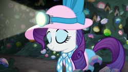 Size: 1920x1080 | Tagged: safe, screencap, rarity, pony, unicorn, dragon dropped, ascot tie, eyes closed, female, feminism, gem cave, glowing horn, hat, headlamp, horn, mare, solo