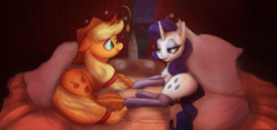 Size: 1800x840 | Tagged: safe, artist:cometakat, applejack, rarity, earth pony, pony, unicorn, alcohol, clothes, female, lesbian, lying, mare, on side, rarijack, shipping, socks, underhoof, wine