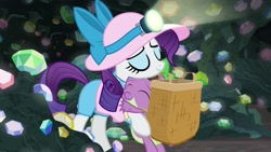 Size: 1920x1080 | Tagged: safe, screencap, rarity, spike, dragon, pony, unicorn, dragon dropped, ascot tie, basket, eyes closed, female, gem, gem cave, hat, headlamp, heartwarming, helmet, horn, hug, mare, mining helmet, solo, telekinesis