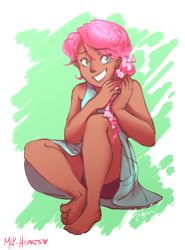 Size: 1920x2592 | Tagged: safe, artist:mlp-hearts, fluttershy, human, alternate hairstyle, barefoot, clothes, cute, dark skin, dress, feet, female, humanized, pink hair, shyabetes, sitting, smiling, solo