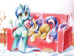 Size: 1224x927 | Tagged: dead source, safe, artist:jiayi, bon bon, lyra heartstrings, sweetie drops, earth pony, pony, unicorn, female, food, lesbian, lyrabon, painting, popcorn, shipping, sitting, sitting lyra, sleeping, sofa, traditional art, watercolor painting