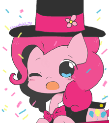Size: 912x1028 | Tagged: safe, artist:chametzkiwi, pinkie pie, earth pony, pony, bowtie, clothes, confetti, cute, diapinkes, hat, one eye closed, solo, suit, top hat, wink
