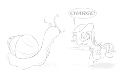 Size: 1480x894 | Tagged: safe, artist::snowfrost, rarity, pony, unicorn, armor, charge, confused, female, filly, filly rarity, jousting, jousting lance, monochrome, snail, speech bubble, younger