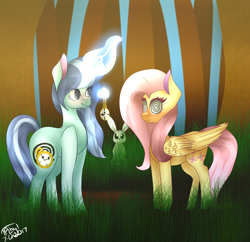 Size: 1024x993 | Tagged: safe, artist:velvetyvictory, angel bunny, fluttershy, oc, oc:spiral swirl, pegasus, pony, unicorn, duo, female, forest, hypnosis, levitation, magic, mare, pendulum swing, pocket watch, swirly eyes, telekinesis