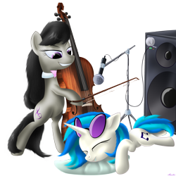 Size: 2500x2500 | Tagged: safe, artist:awalex, dj pon-3, octavia melody, vinyl scratch, earth pony, pony, cello, microphone, musical instrument, speaker