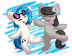 Size: 1119x878 | Tagged: safe, artist:puppydoctor, dj pon-3, octavia melody, vinyl scratch, earth pony, pony, bipedal, dancing