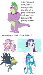 Size: 1280x2212 | Tagged: safe, artist:ta-na, dragon lord ember, gabby, princess ember, rarity, spike, sweetie belle, dragon, pony, unicorn, the last problem, spoiler:s09, emberspike, female, gigachad spike, harem, male, older, older spike, romantic, shipping, spabby, sparity, spike gets all the mares, spikebelle, straight, teasing, winged spike