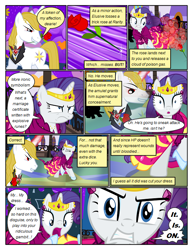 Size: 612x792 | Tagged: safe, artist:christhes, edit, edited screencap, screencap, prince blueblood, rarity, pony, unicorn, collaboration, comic:friendship is dragons, alicorn amulet, alternate eye color, angry, clothes, comic, dialogue, dress, eyes closed, female, fight, flower, flower in mouth, frown, gala dress, glass slipper (footwear), glowing horn, gritted teeth, high heels, horn, it is on, jewelry, male, mare, rose, rose in mouth, screencap comic, shocked, shoes, stallion, tiara, torn clothes, unamused, wide eyes