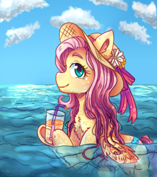 Size: 1024x1151 | Tagged: safe, artist:kitsu-chan11, fluttershy, pegasus, pony, beach, bikini, bikini bottom, chest fluff, clothes, cute, drink, female, hat, hoof hold, looking at you, looking sideways, mare, ocean, profile, shyabetes, smiling, solo, straw hat, swimsuit, water, wet mane