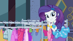 Size: 989x558 | Tagged: safe, screencap, rarity, better together, equestria girls, street chic, female, looking at you, smiling, smiling at you, solo