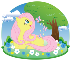 Size: 1024x882 | Tagged: safe, artist:ice-nimbus, fluttershy, butterfly, pegasus, pony, flower, folded wings, happy, head turn, looking at something, looking up, missing cutie mark, open mouth, profile, prone, smiling, solo, tree