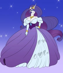 Size: 1105x1280 | Tagged: safe, artist:toughset, princess celestia, rarity, anthro, big breasts, breasts, cleavage, clothes, commission, crown, dress, evening gloves, female, fusion, gloves, gown, huge breasts, impossibly large dress, jewelry, long gloves, long hair, petticoat, poofy shoulders, raritits, regalia, skirt, solo