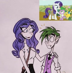 Size: 1980x2015 | Tagged: safe, artist:citi, rarity, spike, dragon, human, pony, unicorn, elf ears, female, humanized, male, mare, necktie, saddle bag, scene interpretation, screencap reference