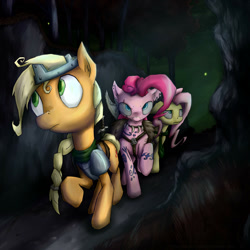 Size: 1388x1387 | Tagged: safe, artist:rule1of1coldfire, applejack, fluttershy, pinkie pie, earth pony, pegasus, pony, armor, braid, crown, ear piercing, jewelry, piercing, regalia, roleplaying, sword, tattoo, tooth necklace, trio, weapon