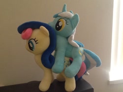 Size: 960x720 | Tagged: safe, artist:onlyfactory, bon bon, lyra heartstrings, sweetie drops, bootleg, irl, photo, plushie, ponies riding ponies