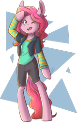Size: 1138x1794 | Tagged: safe, artist:myralilth, pinkie pie, anthro, earth pony, unguligrade anthro, arm hooves, clothes, female, mare, one eye closed, open mouth, shirt, shorts, smiling, solo, wink