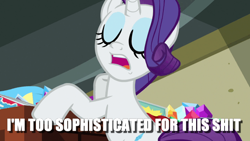 Size: 640x360 | Tagged: safe, edit, edited screencap, screencap, rarity, pony, unicorn, dragon dropped, caption, eyes closed, image macro, reaction image, solo, sophisticated as hell, text, vulgar