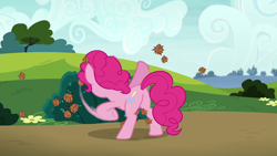 Size: 1280x720 | Tagged: safe, screencap, pinkie pie, earth pony, pony, rock solid friendship, back of head, female, mare, plot, solo, stingbush seed pods