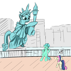 Size: 800x800 | Tagged: safe, artist:cheshiresdesires, bon bon, lyra heartstrings, sweetie drops, earth pony, pony, unicorn, the gift of the maud pie, background pony, bipedal, camera, city, duo, female, leaning back, levitation, liberty, magic, magic aura, manehattan, mare, photobomb, statue of friendship, telekinesis, tongue out