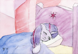 Size: 3027x2115 | Tagged: safe, artist:halflingpony, derpibooru import, twilight sparkle, twilight sparkle (alicorn), alicorn, pony, bed, female, mare, solo, traditional art