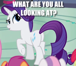 Size: 515x450 | Tagged: safe, edit, edited screencap, screencap, apple bloom, rarity, scootaloo, sweetie belle, pony, unicorn, newbie dash, butt, caption, cropped, cutie mark crusaders, female, image macro, mare, plot, question, raised eyebrow, rearity, solo focus, text