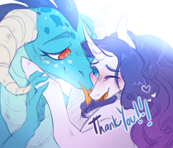 Size: 1280x1088 | Tagged: safe, artist:yuyusunshine, princess ember, rarity, dragon, pony, unicorn, curved horn, dragoness, emberity, female, horn, hug, lesbian, licking, one eye closed, shipping, simple background, tongue out, white background