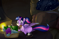 Size: 3063x2012 | Tagged: safe, artist:alskylark, derpibooru import, spike, twilight sparkle, twilight sparkle (alicorn), alicorn, dragon, pony, back twist, cookie, female, flexible, mare, reading