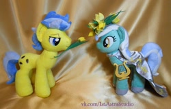 Size: 1132x720 | Tagged: safe, artist:1stastrastudio, lyra heartstrings, oc, oc:morning dew, fanfic:background pony, clothes, dress, floral head wreath, flower, irl, lyre, photo, plushie