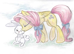 Size: 1024x753 | Tagged: safe, artist:grokostimpy, angel bunny, fluttershy, pegasus, pony, alternate hairstyle, cute, kiss on the cheek, kissing, ponytail, tail wrap, traditional art
